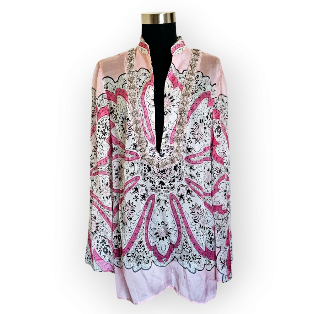 Allen B by Allen Schwartz Boho Silk Long Flare Sleeve Tunic Size L NWT - Picture 2 of 11